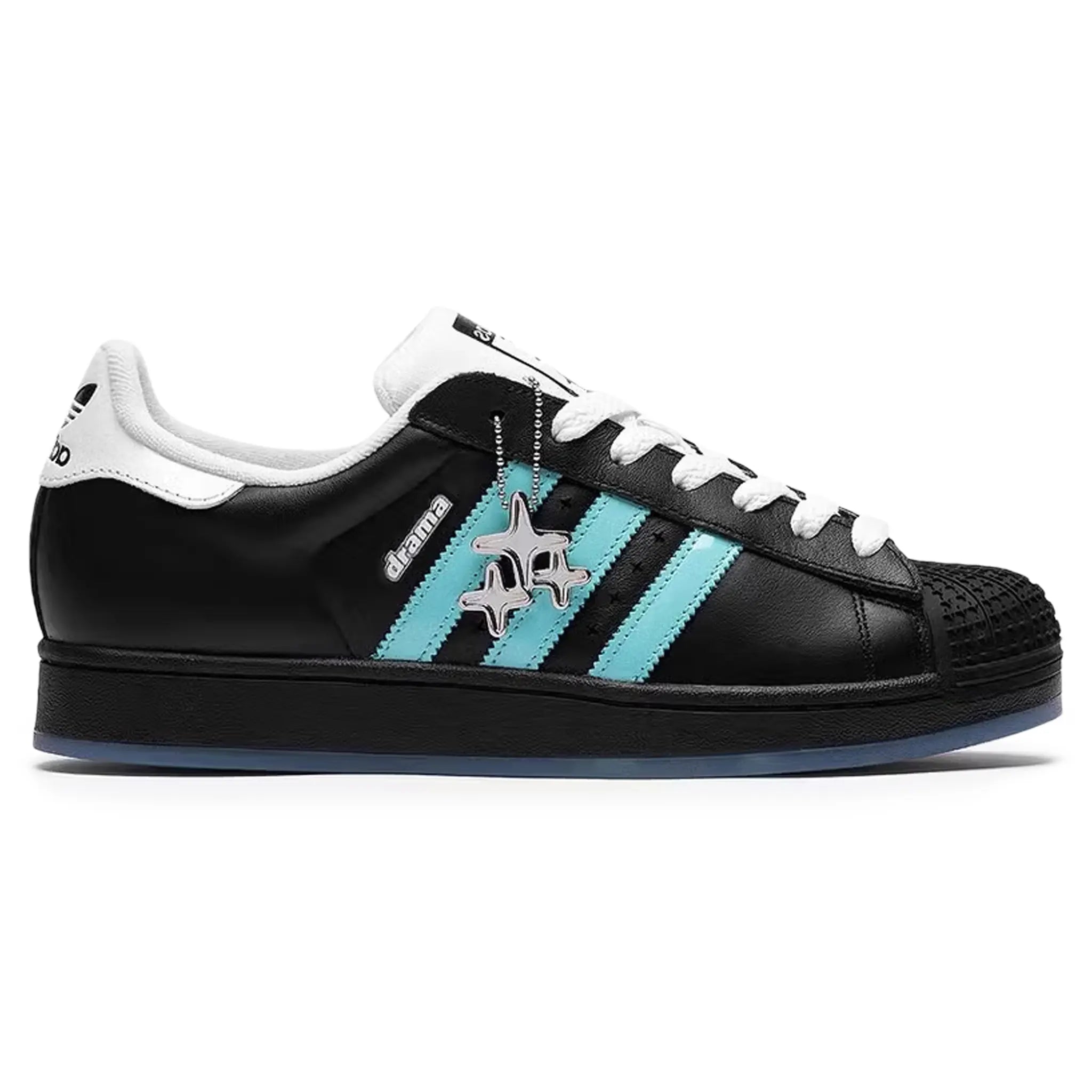 Side view of Drama Call x Adidas Superstar II Black Metrolink Blue